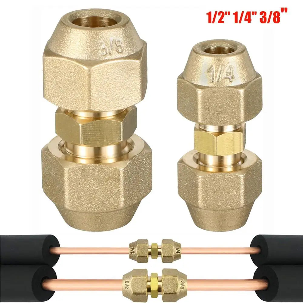 Set of brass copper pipe extension fittings with flare nuts and corresponding black pipe sections