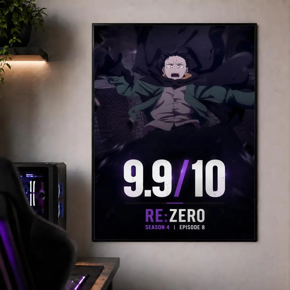 A poster featuring a dark, dramatic scene from Re:Zero Season 4 Episode 8 with a 9.9/10 rating.