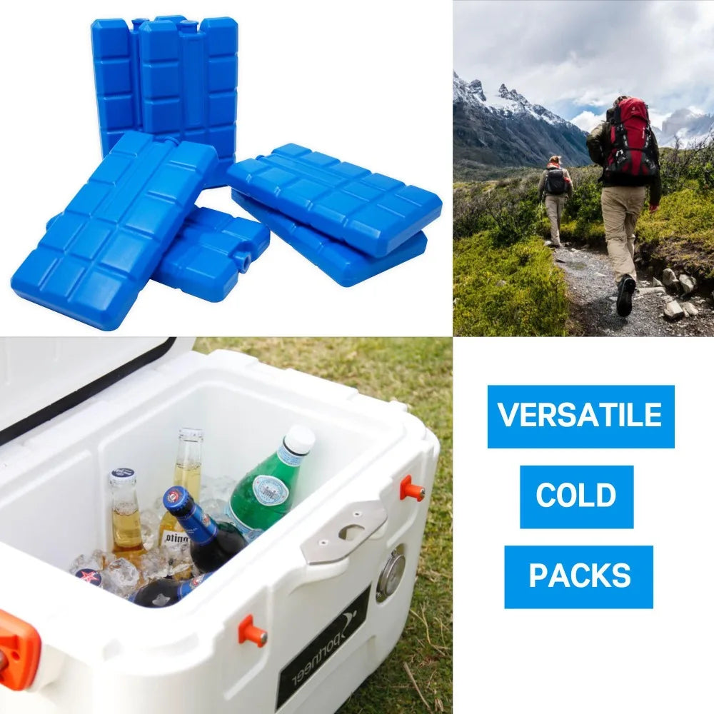 Blue stackable gel ice blocks for coolers shown next to a person hiking in a mountainous landscape.