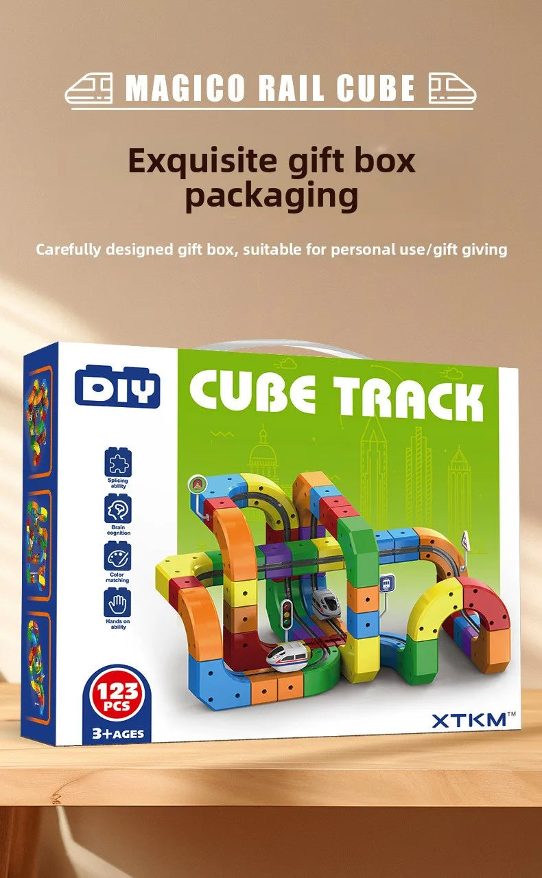 A box of the Magic Rail Cube DIY Cube Track magnetic building block train set with an electric engine.