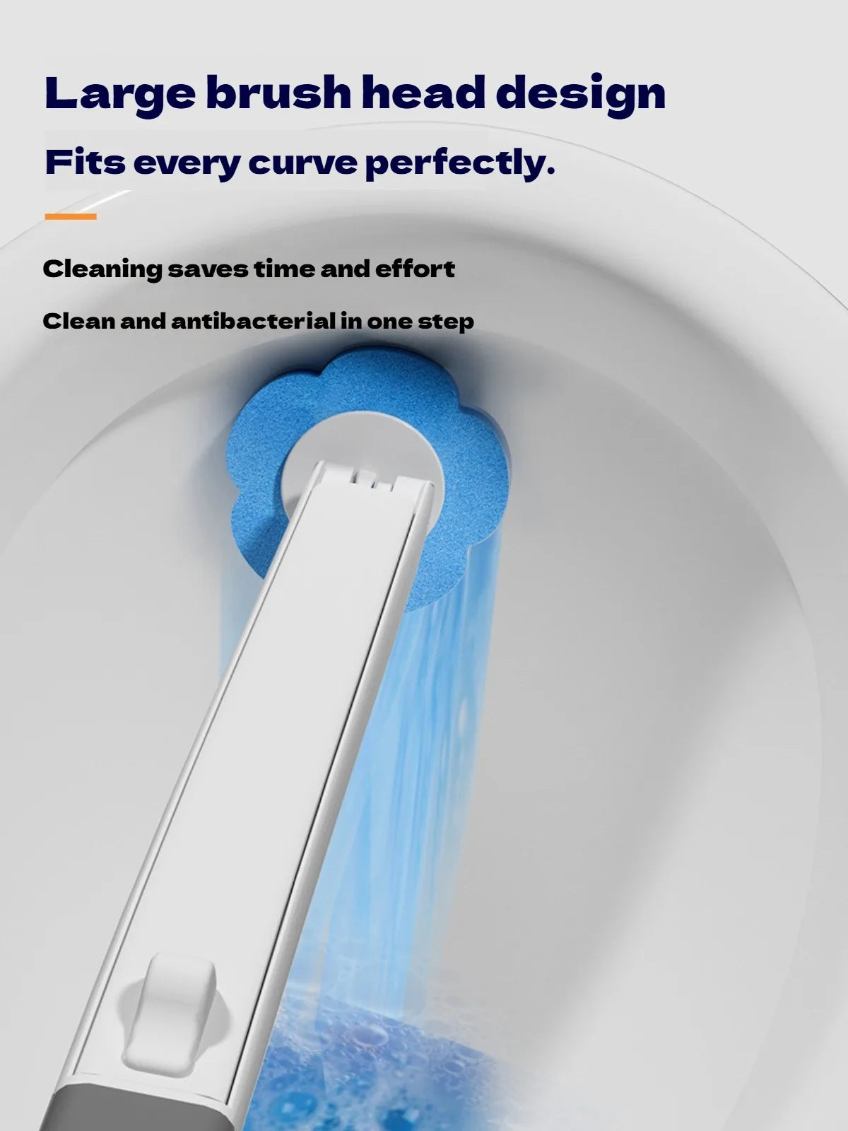 A wall-mounted disposable toilet brush is shown cleaning a surface with water in a white porcelain bowl.