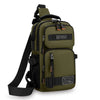Olive green multifunctional chest bag with black straps and buckles for outdoor use