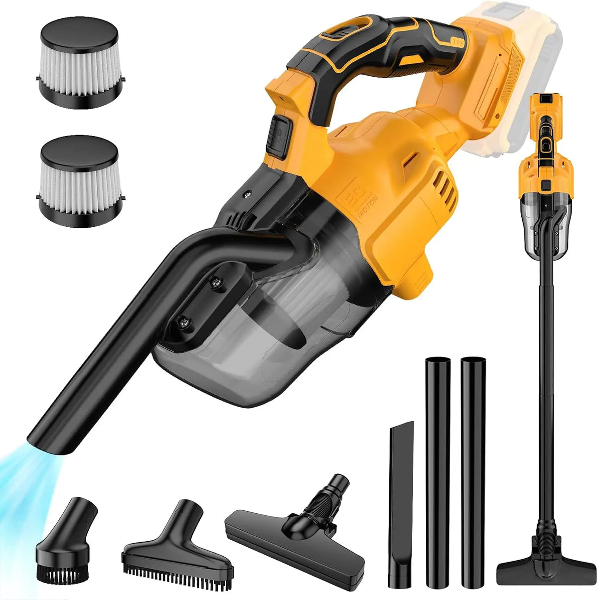 A cordless handheld vacuum cleaner with a yellow and black body, various attachments, and a hose.