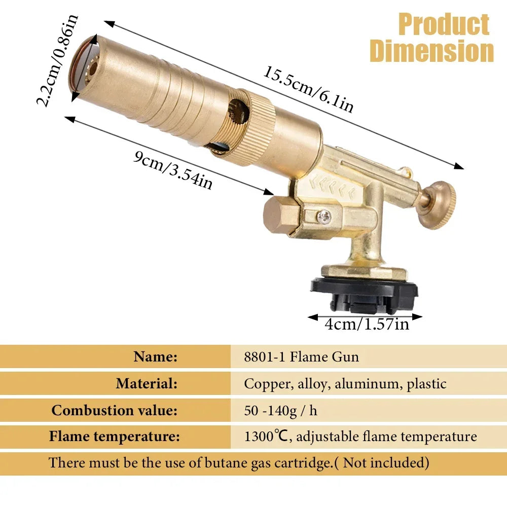 A brass flame gun with a cylindrical body and adjustable flame temperature mechanism.