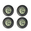 Four views of a black mini digital hygrometer thermometer displaying 29.5°C and 74% humidity.