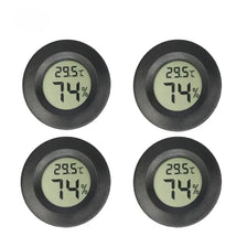 Four views of a black mini digital hygrometer thermometer displaying 29.5°C and 74% humidity.