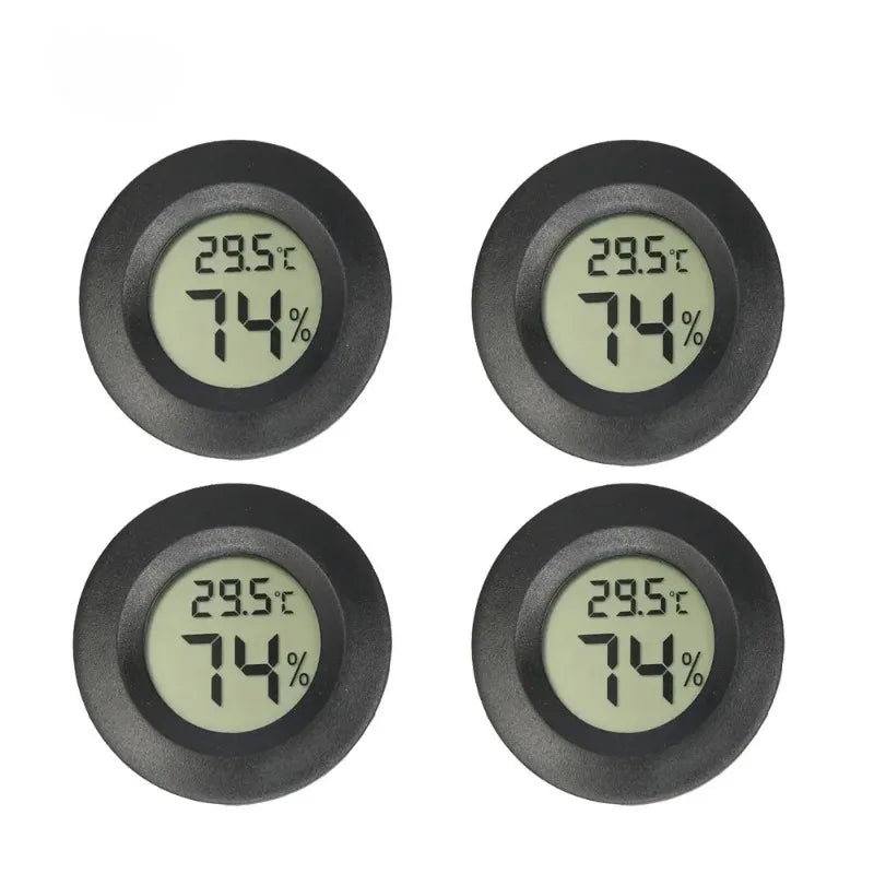 Four views of a black mini digital hygrometer thermometer displaying 29.5°C and 74% humidity.