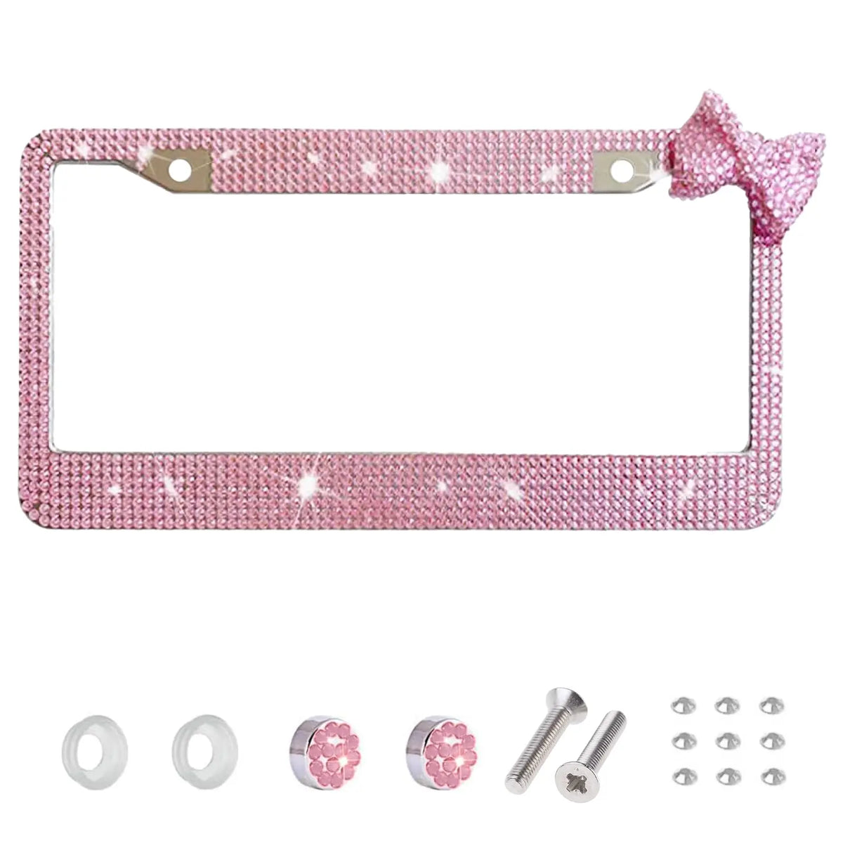 Pink rhinestone license plate frame with a bow accent and small components
