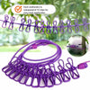 Purple elastic travel clothesline with 12 non-slip clips for easy hook application