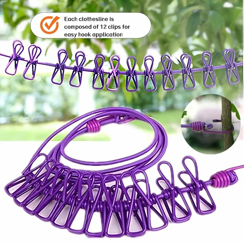 Purple elastic travel clothesline with 12 non-slip clips for easy hook application
