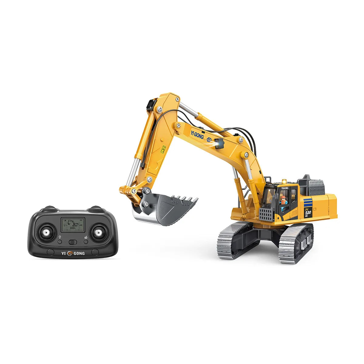 A yellow remote control excavator toy with a black controller and lead screw technology.