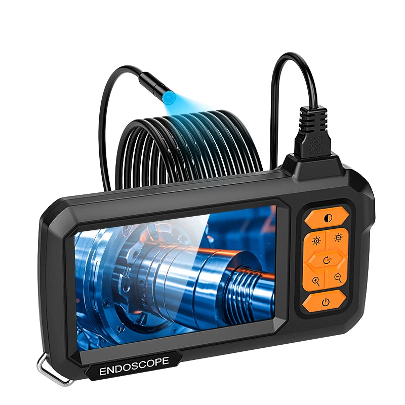 A black industrial endoscope probe with a flexible light source and viewing lens for pipe inspection.