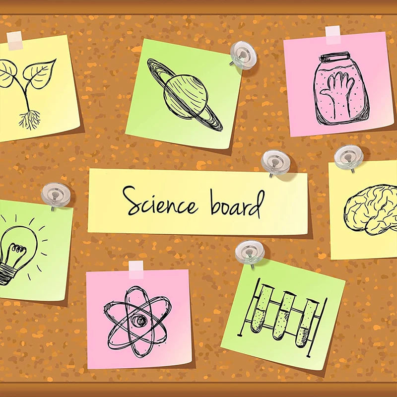 A collection of colorful sticky notes featuring science-related drawings and diagrams pinned to a brown board.