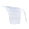 A clear plastic measuring cup with a long spout is shown against a white background.