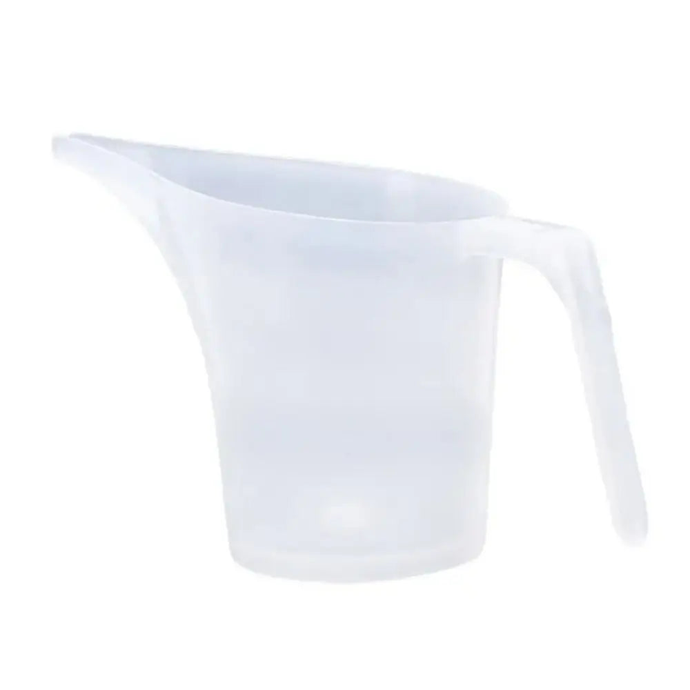 A clear plastic measuring cup with a long spout is shown against a white background.