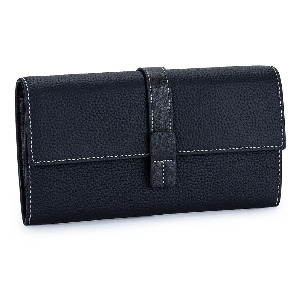 Black women's cowhide leather bi-fold wallet with card slots and coin pocket