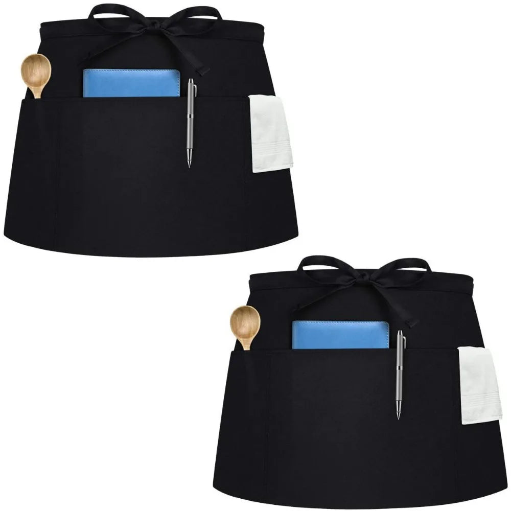 Classic black waist apron with three pockets featuring a blue accent and wooden tools.