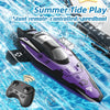 A purple and black stunt remote-controlled speedboat is shown in clear water with a controller nearby.