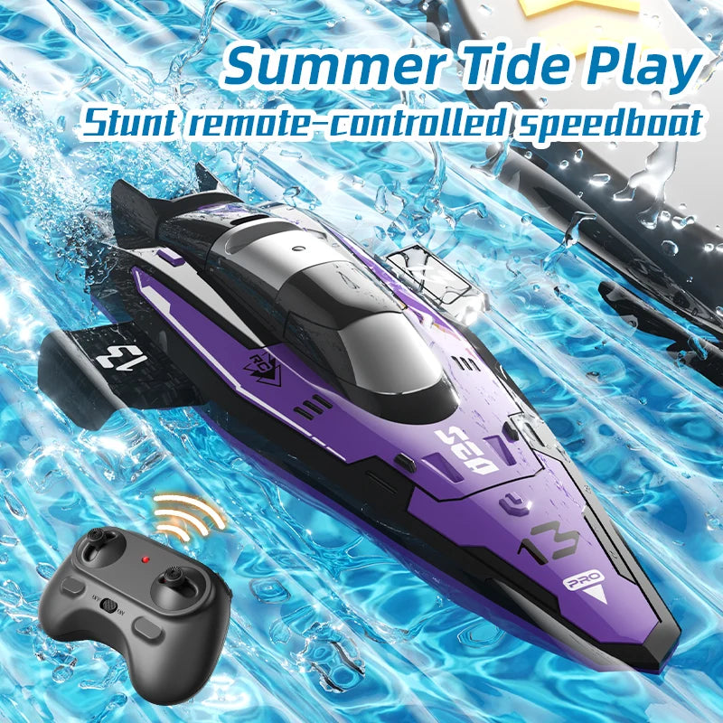 A purple and black stunt remote-controlled speedboat is shown in clear water with a controller nearby.