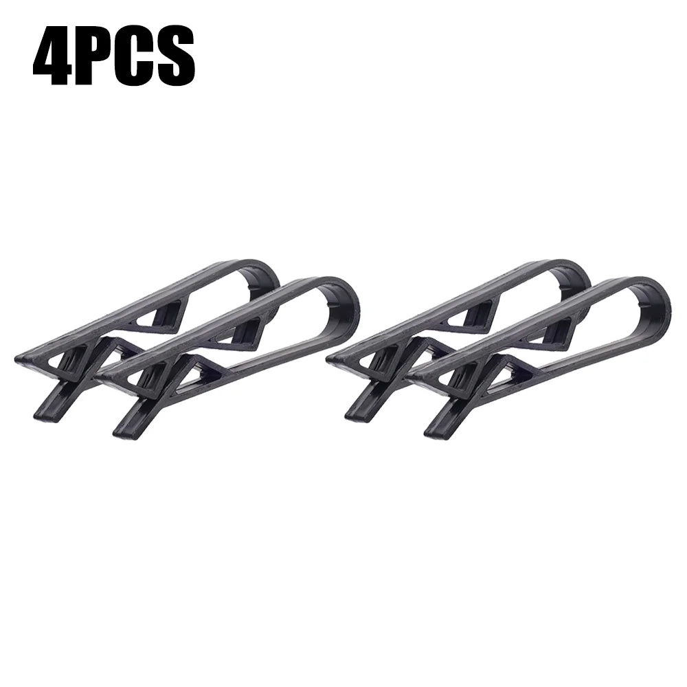 Four black plastic clips designed to hold garbage bags or snack bags on trash cans.