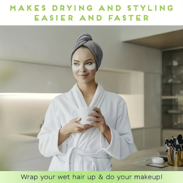 A woman in a white bathrobe is applying makeup, with a microfiber hair towel wrap visible.