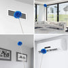 A white extendable ceiling fan duster with a blue feather attachment shown in various contexts.