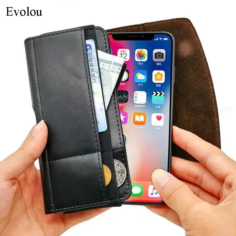 A black magnetic leather phone pouch with a belt clip holster is shown being held by a hand next to an iPhone.