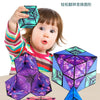 A child is holding and interacting with a colorful magnetic fidget cube puzzle that transforms into various 3D shapes.