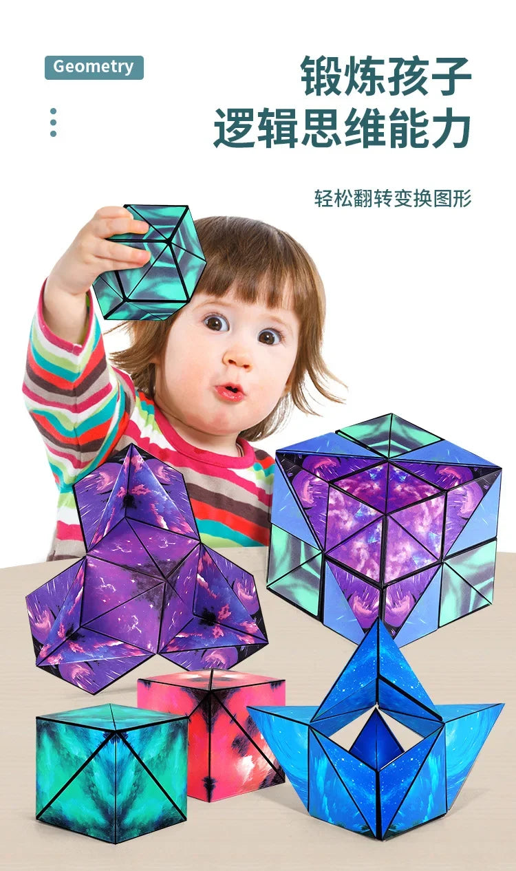 A child is holding and interacting with a colorful magnetic fidget cube puzzle that transforms into various 3D shapes.