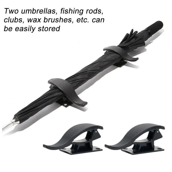 Two black car seat back organizer hooks are shown, designed for easily storing fishing rods and other items.