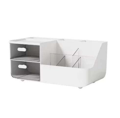 A white large capacity desk organizer featuring two transparent drawers for storage.