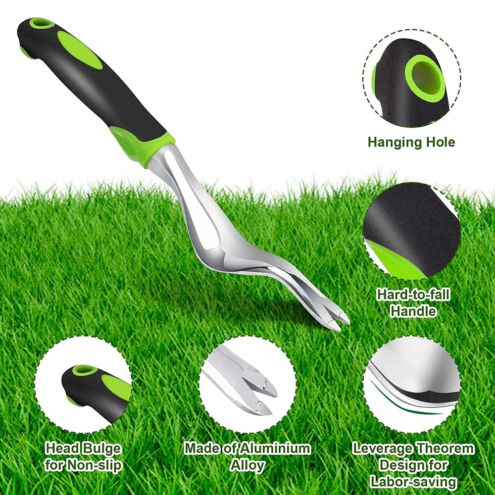 Ergonomic hand weeder featuring a silicone head bulge, aluminum shaft, and hanging hole for gardening.