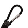 A black bungee tether with a silver carabiner hook is shown against a white background.