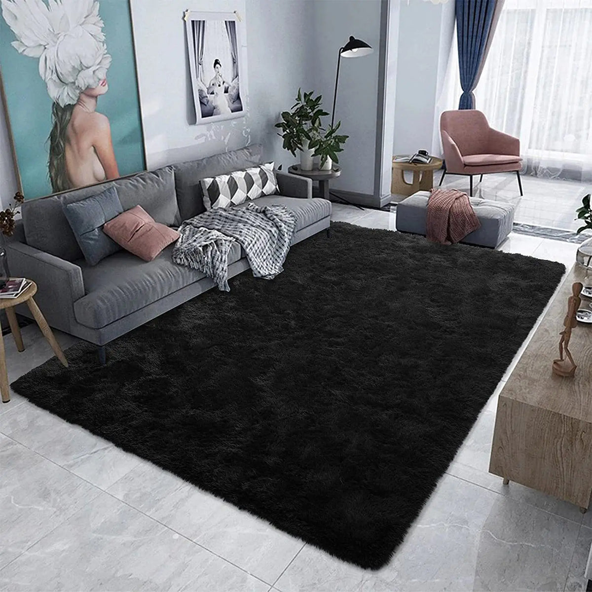 A dark black Nordic furry accent rug placed in a modern living room with a gray sofa and decor.