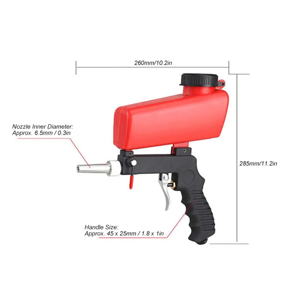 Red handheld pneumatic sandblasting gun with a hopper and a grip.