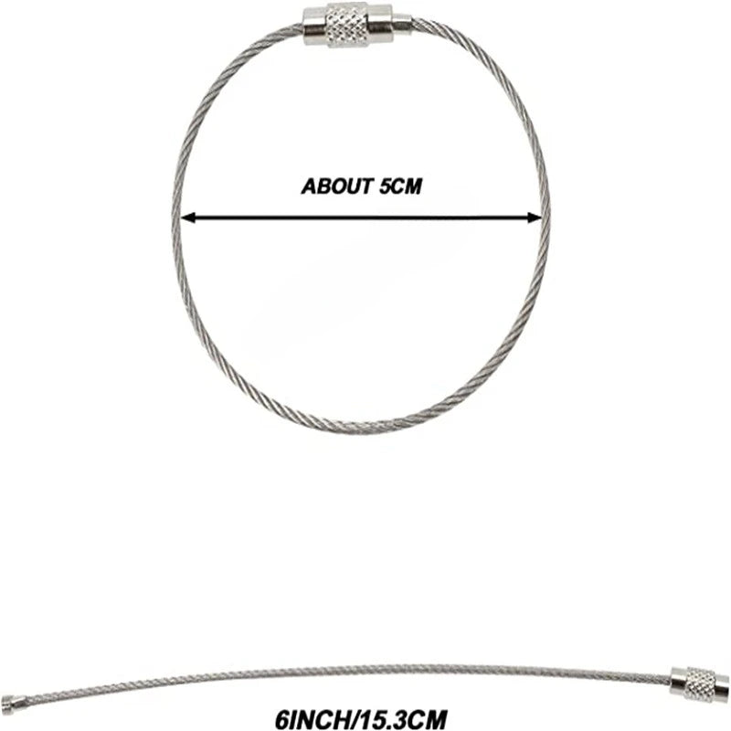 Stainless steel wire keychain cable about 5cm long with a screw lock.