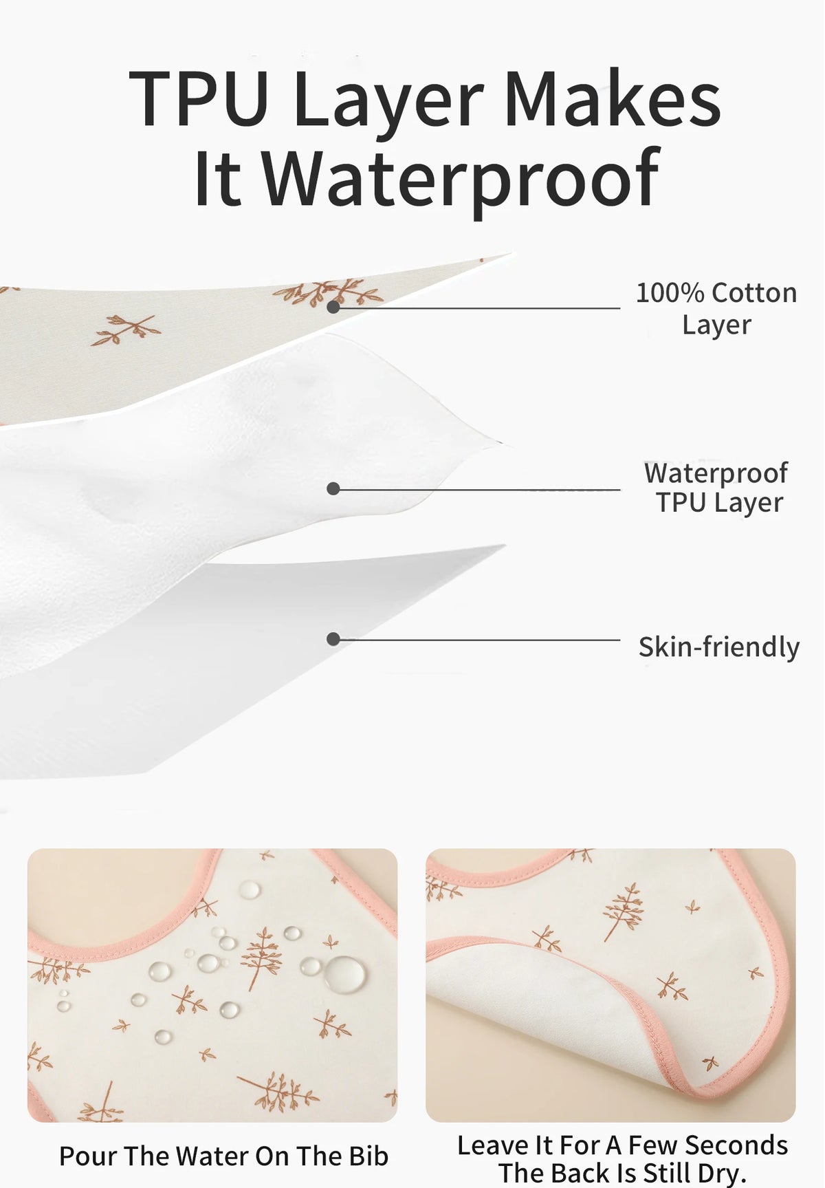 A white cotton baby bib with a TPU waterproof layer, designed to keep the back dry.