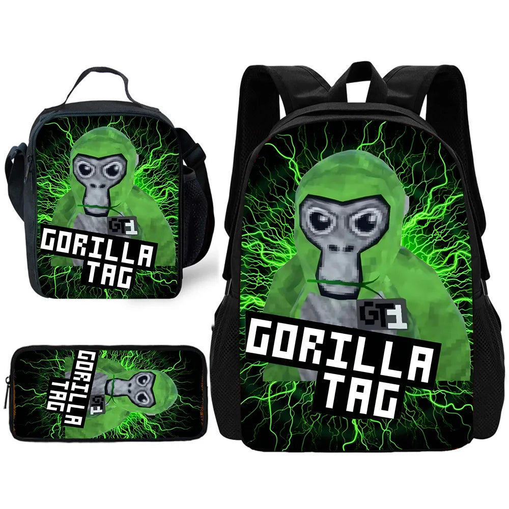 Cartoon Gorilla Kids School Backpack Set with Lunch Bag and Pencil Case