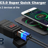A motorcycle USB charger with a voltmeter is shown charging two smartphones simultaneously.