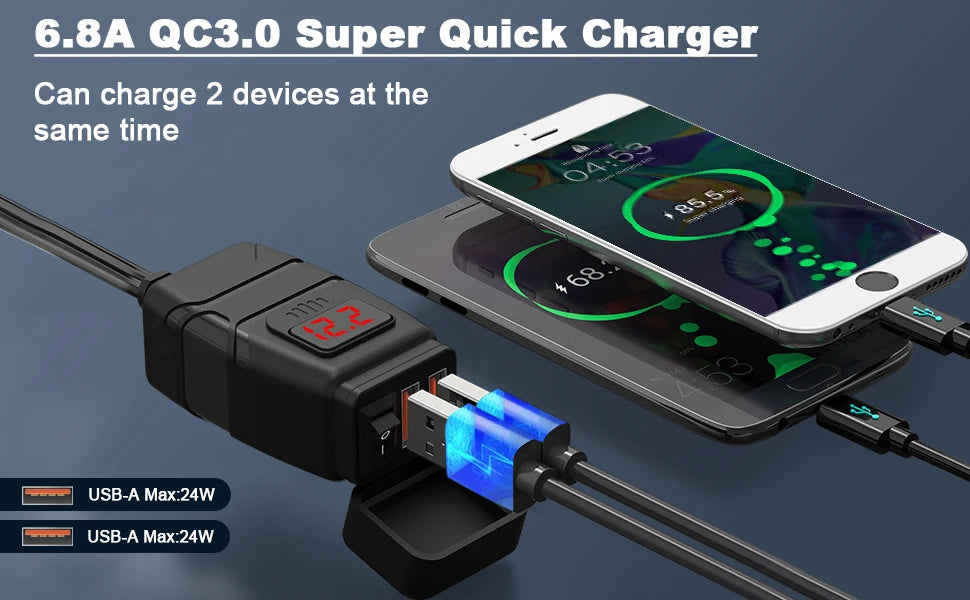 A motorcycle USB charger with a voltmeter is shown charging two smartphones simultaneously.