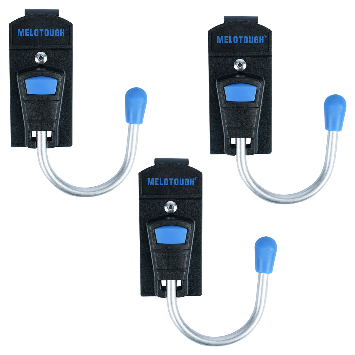 Three versions of a MELOTOUGH heavy-duty cordless drill holster with metal belt hook in black and blue.