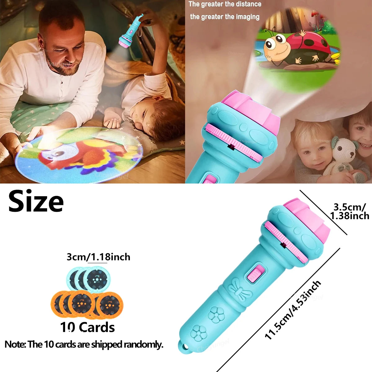 A blue cartoon projector flashlight with 10 cards is shown next to a child and an adult, demonstrating its imaging capability