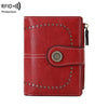 A red leather wallet with multiple card slots and RFID protection features.
