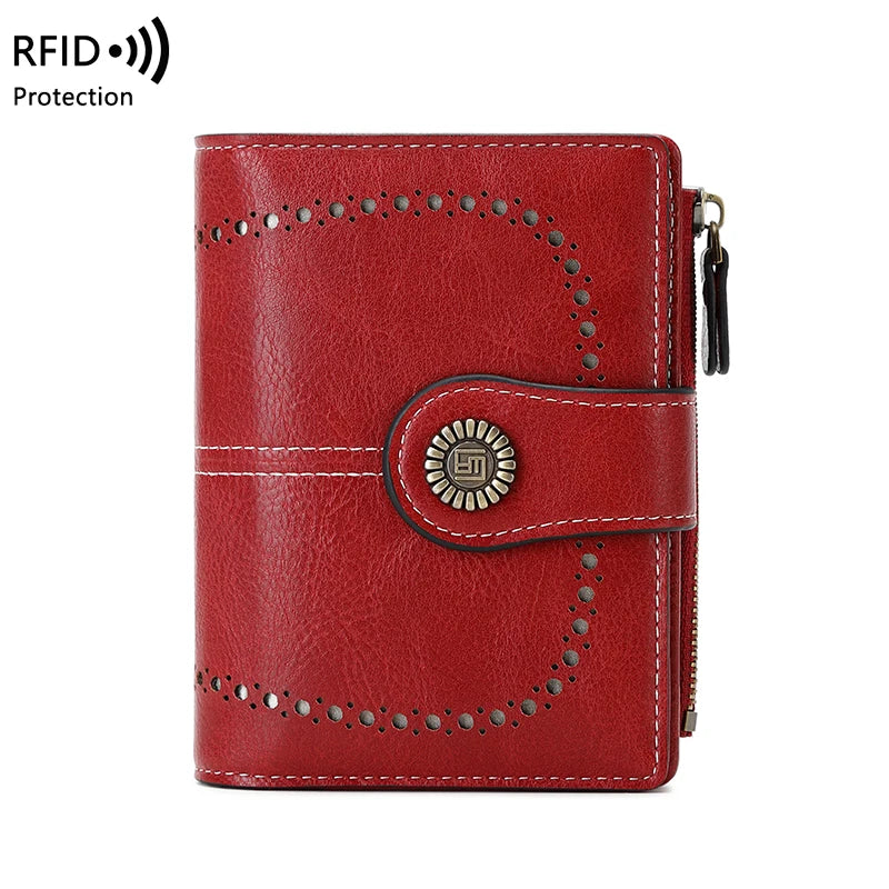 A red leather wallet with multiple card slots and RFID protection features.
