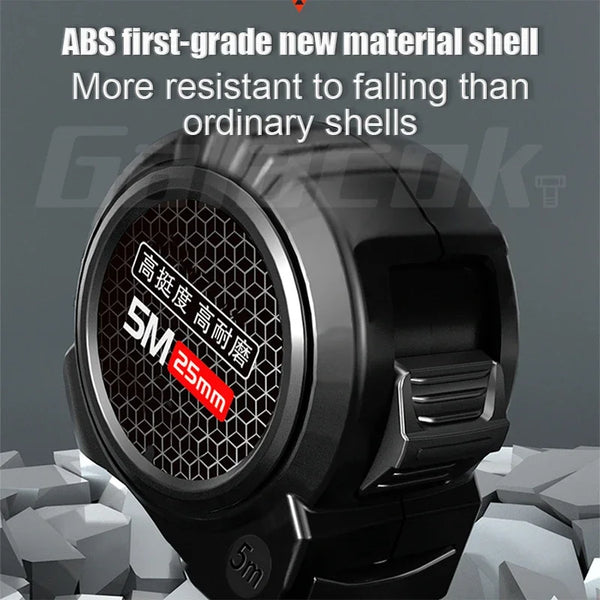A black heavy-duty tape measure with a textured face showing a 5M measurement and a 25mm thickness rating.