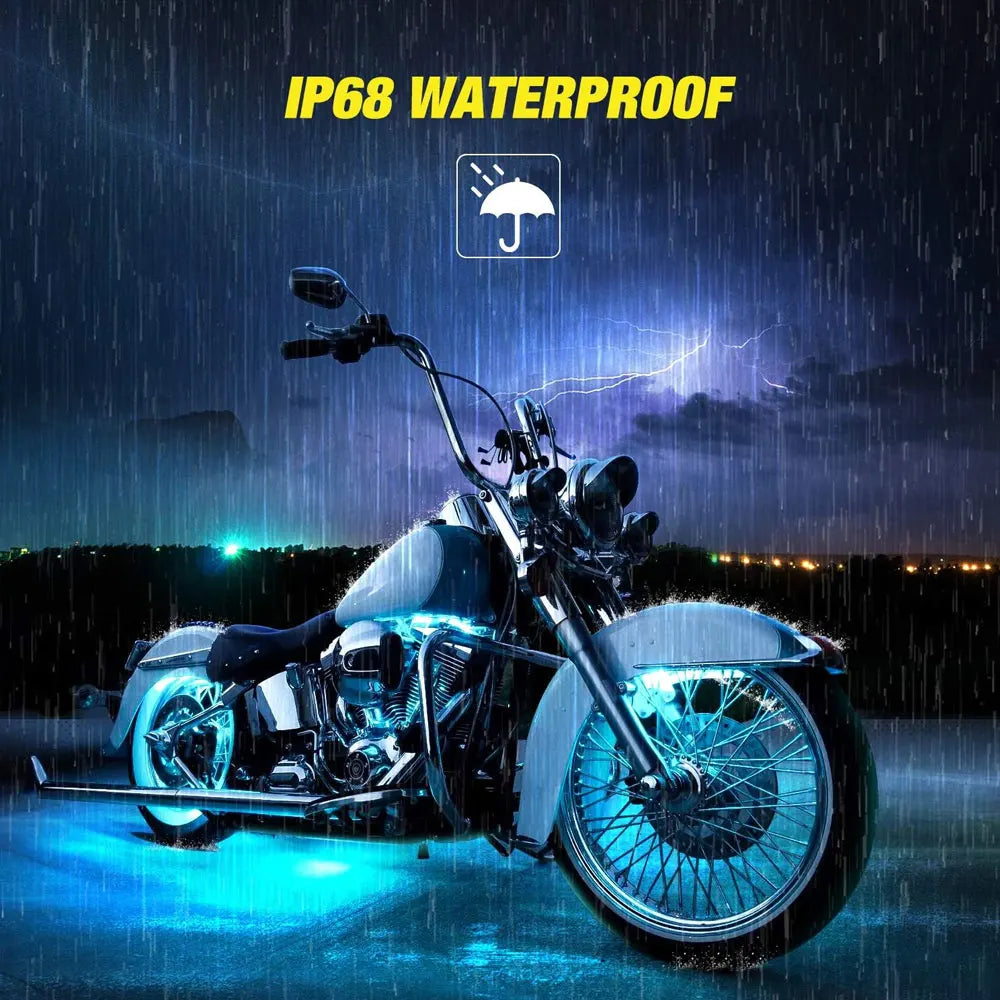 A motorcycle is shown under heavy rain with an IP68 waterproof rating displayed above the image.