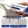 A hand holds a white wall repair paste bottle, demonstrating its use for repairing cracks, nail holes, and peeling walls.