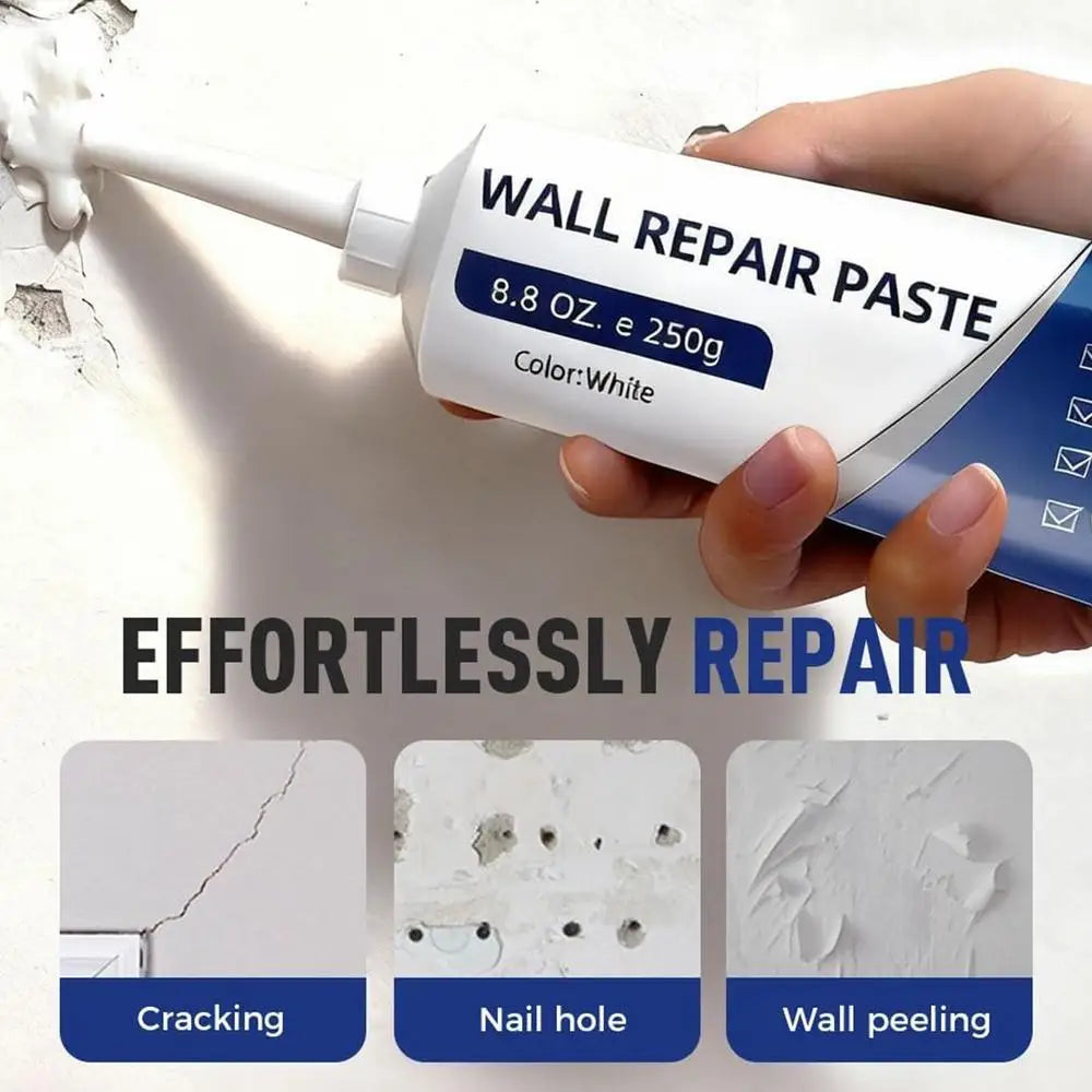 A hand holds a white wall repair paste bottle, demonstrating its use for repairing cracks, nail holes, and peeling walls.