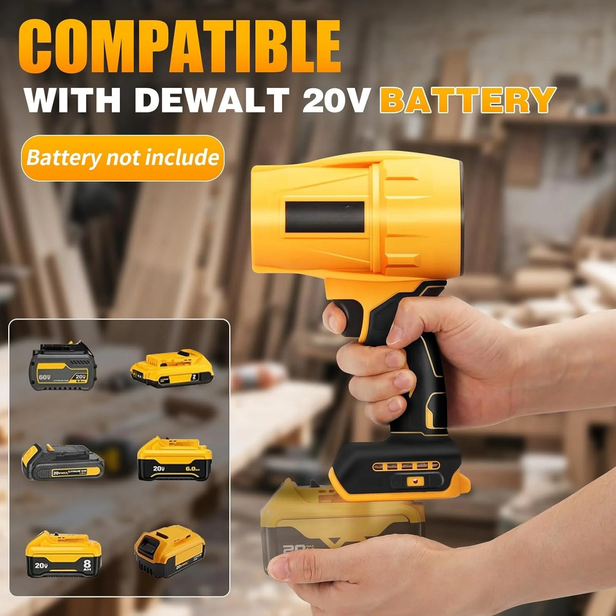 A hand holds an orange cordless handheld air blower tool, compatible with a Dewalt 20V battery.