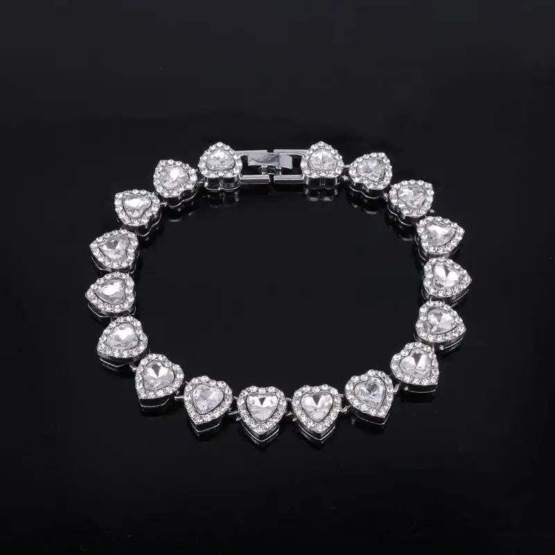 Heart Rhinestone Tennis Chain Necklace & Bracelet Set